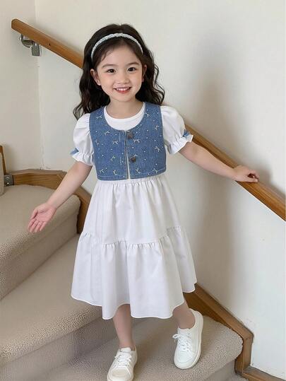 Genkimix Kids Young Girls Summer New Casual 2-Piece Set, Woven Round Neck Bow Decor Puff Sleeve A-Line Dress + Denim Bow Print Vest, Suitable For Daily, Party, Travel