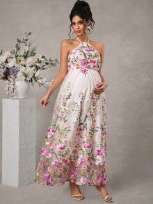 Momance 孕妇A字连衣裙，吊带设计，双层剪裁，带刺绣网纱 - 彩色 - 查看 3