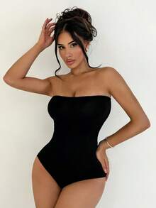 Sirith 無縫緊身無肩帶連身衣 - 黑色 - 查看 6