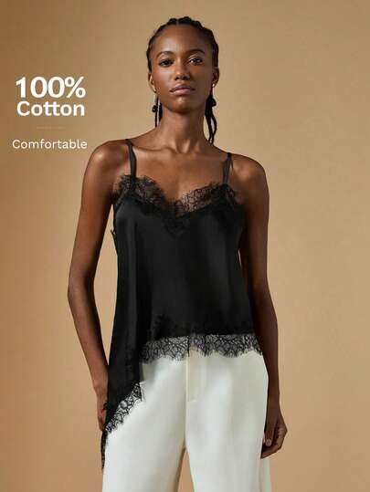 Briarwyn Camiseta de mujer elegante con parches de encaje y bajo asimétrico para el verano