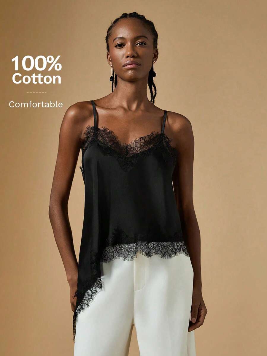 Briarwyn 女士优雅蕾丝拼接不对称下摆吊带背心，夏季必备 - 黑色 - 查看 1