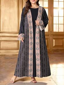 SHEIN Najma Robe femme grande taille à imprimé floral et végétal, rayures irrégulières. Robe de style arabe élégante. Cardigan long mode, veste maxi à manches longues. Vêtements asiatiques, printemps/automne - Multicolore - Voir 1