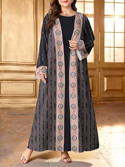 SHEIN Najma Floral & Plant Print Irregular Striped Plus Size Women's Dress, Elegant Arabic Style Robe, Fashion Long Sleeve Cardigan Maxi Jacket, Asian Apparel, Spring/Autumn