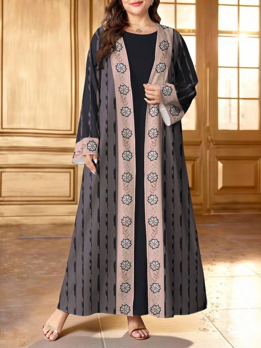 SHEIN Najma Robe femme grande taille à imprimé floral et végétal, rayures irrégulières. Robe de style arabe élégante. Cardigan long mode, veste maxi à manches longues. Vêtements asiatiques, printemps/automne - Multicolore - Voir 1