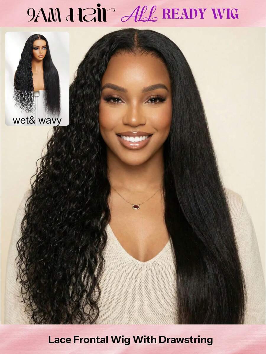 ALL READY WIG 13x4 Bye Bye Slip Pre Everything Wet And Wavy 2-In-1 Straight To Water Wave Human Hair Wig WIith Invisi Drawstring Hair Texture Natural Black Fit All Head Sizes Transparent Lace 100% Human Hair