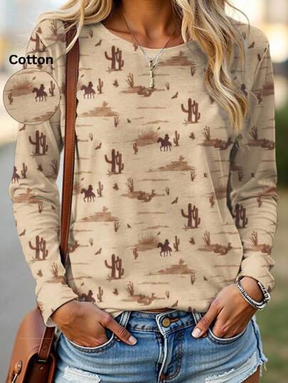 EMERY ROSE Camiseta de algodón casual y cómoda para mujer con estampado de cactus y caballos