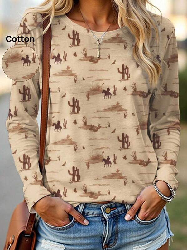 EMERY ROSE Áo thun nữ cotton thoải mái, kiểu dáng thường ngày, in hình cây xương rồng và ngựa.