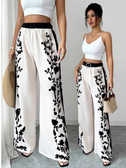 SHEIN Elenzya 女士撞色印花阔腿裤，休闲波西米亚风度假休闲飘逸长裤，适合海滩、街头、日常、通勤、性感、浪漫、商务、约会、节日等场合，杏色底色搭配黑色印花，直筒长款