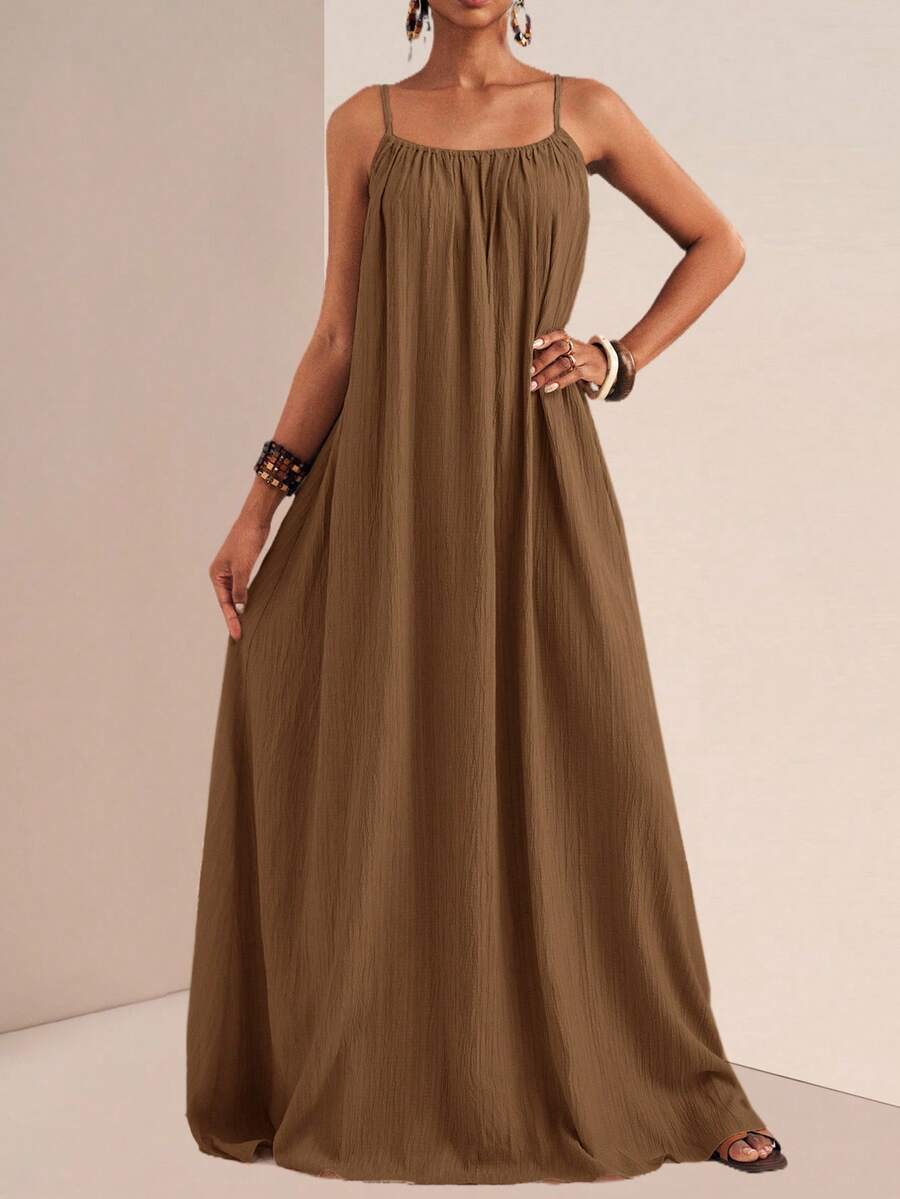 Zivah 夏季新音乐节复活节圣帕特里克节西部波西米亚风生日毕业学生日常休闲度假邮轮海滩日光浴爆款无袖可调节肩带竖纹宽松卡其色女装 - 鏽棕色 - 查看 1