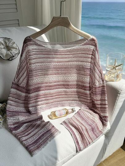 Comfortcana Plus Size Women Bohemian Striped Sheer Casual Vacation Blouse, Spring/Summer 2026 New Arrival