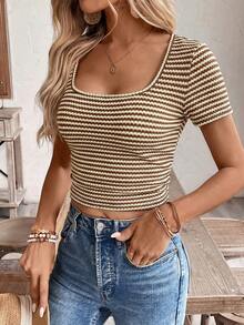 SHEIN Frenchy 女士条纹撞色褶皱基础款简约T恤 - 棕色 - 查看 6