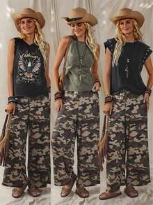 Wildy 美式休闲西部乡村复古迷彩女式春夏基础款长裤，带口袋，适合日常穿着和通勤。 - 綠色 - 查看 10