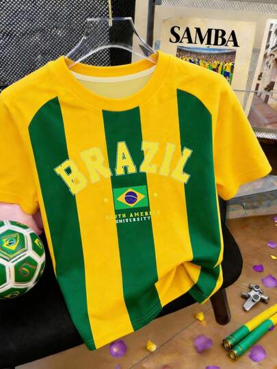 SHEIN Camiseta Feminina Casual de Manga Curta com Decote Redondo, Estampa Digital Padrão Brasil, Presente para Amigos