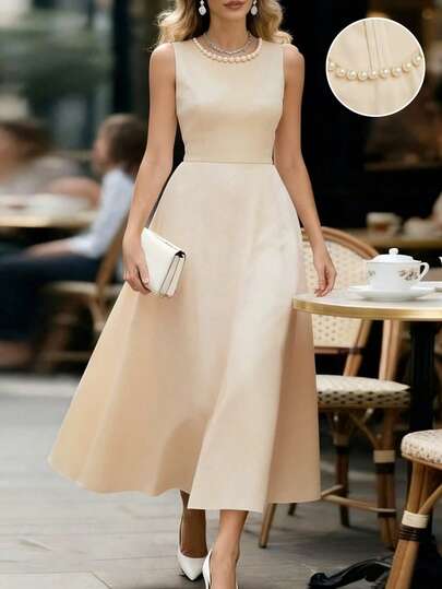 Balvessa Women's Elegant Faux Pearl Decor Textured Fabric Sleeveless Dress, Summer