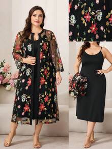 Reflora 大码优雅派对花卉刺绣网纱外套连衣裙两件套 - 彩色 - 查看 7