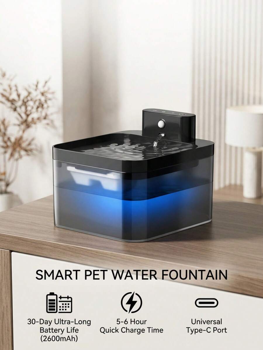 PETSIN 无线猫咪饮水器，2.2升容量，无线感应式，静音水泵带LED灯，2600毫安时电池供电，高品质过滤系统