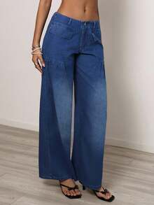 Sunnyshic 女士口袋纽扣休闲百搭日常穿着阔腿牛仔裤 - 藍色 - 查看 4