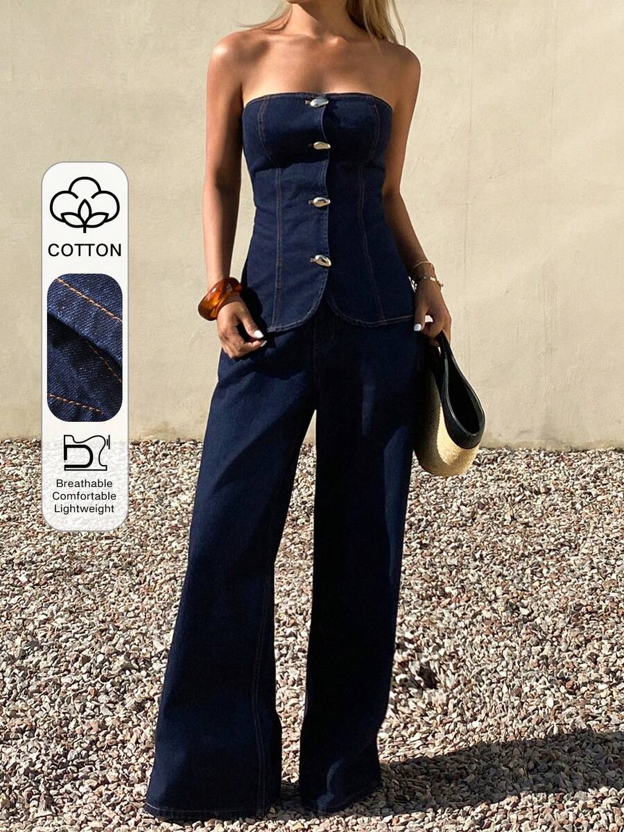 Livesso Spring & Summer Business Casual Metal Buckle Decor Sleeveless Jacket & Straight Leg Jeans 2 Pieces Set For Women - Dark Wash - View 1