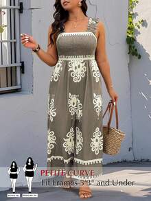 SHEIN PETITE Bộ áo liền quần dáng suông in họa tiết Totem, dây thun co giãn, cỡ lớn, thích hợp cho phụ nữ thấp bé, kiểu dáng rộng rãi và thoải mái, thích hợp mặc mùa hè. Áo liền quần cho nữ, trang phục mùa hè cho nữ. - Nhiều màu - Xem 1