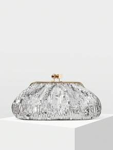 MOTF PREMIUM FASHION PLEATED SEQUINED CLIP CLUTCH BAG, EXQUISITE PARTY PARTY DINNER BAG - Silver - View 3