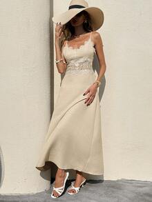 SHEIN Frenchy 女士撞色蕾丝优雅吊带连衣裙 - 杏色 - 查看 7