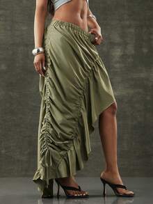 Denimoi Asymmetrical Hem Adjustable Drawstring Skirt Fashionable Streetwear - Olive Green - View 5
