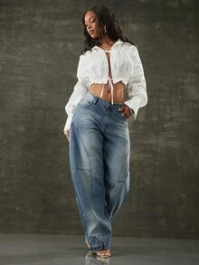 Denimoi Quần jeans nữ ống rộng dáng suông, đa năng, có túi. - Rửa trung bình - Xem 5