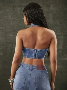 Denimoi 水钻装饰牛仔露背吊带背心性感上衣露脐上衣演唱会服装夜店装GNO - 淺色水洗藍 - 查看 5