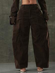 Denimoi Wide Leg Barrel Velvet Denim Jeans Barrel Leg Jeans Fashionable Statement Denim - Coffee Brown - View 2