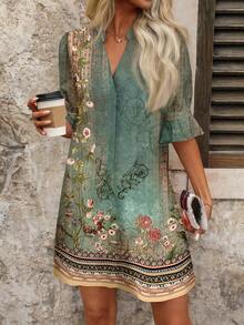 EMERY ROSE Plus Size Women Floral Print Ruffle Sleeve Vacation Dress, Suitable For Summer Bohemian Short Boho - Multicolor - View 4