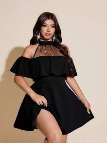 Viva Relle 大码性感黑色圆领露肩亮片网纱拼接腰部连衣裙 - 黑色 - 查看 1