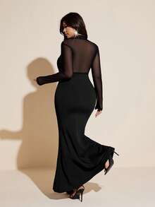 Viva Relle Plus Size Black Mesh Patchwork Long Sleeve Dress,Elegant Formal Evening Autumn Women's Slim-Fit Waist-Cinched Bodycon Fishtail Dress,Formal Minimalist - Black - View 2