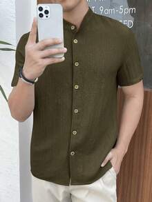 HIMLAND Camisa de manga corta de un solo pecho de unicolor, versátil y casual para uso diario para hombres - Verde militar - Ver 3