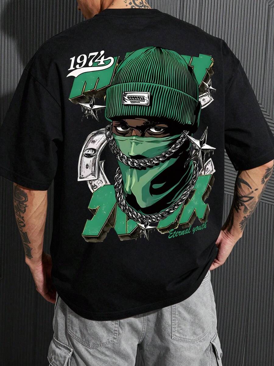 Manfinity LEGND Áo thun nam cỡ lớn in chữ và hình người, cổ tròn, tay ngắn, kiểu dáng thường ngày. - màu đen - Xem 1