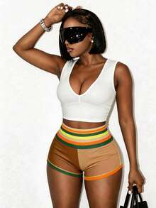 BamGleam Women's Tight Cropped Tank Top And Striped Shorts 2 Pieces Set - White - View 1