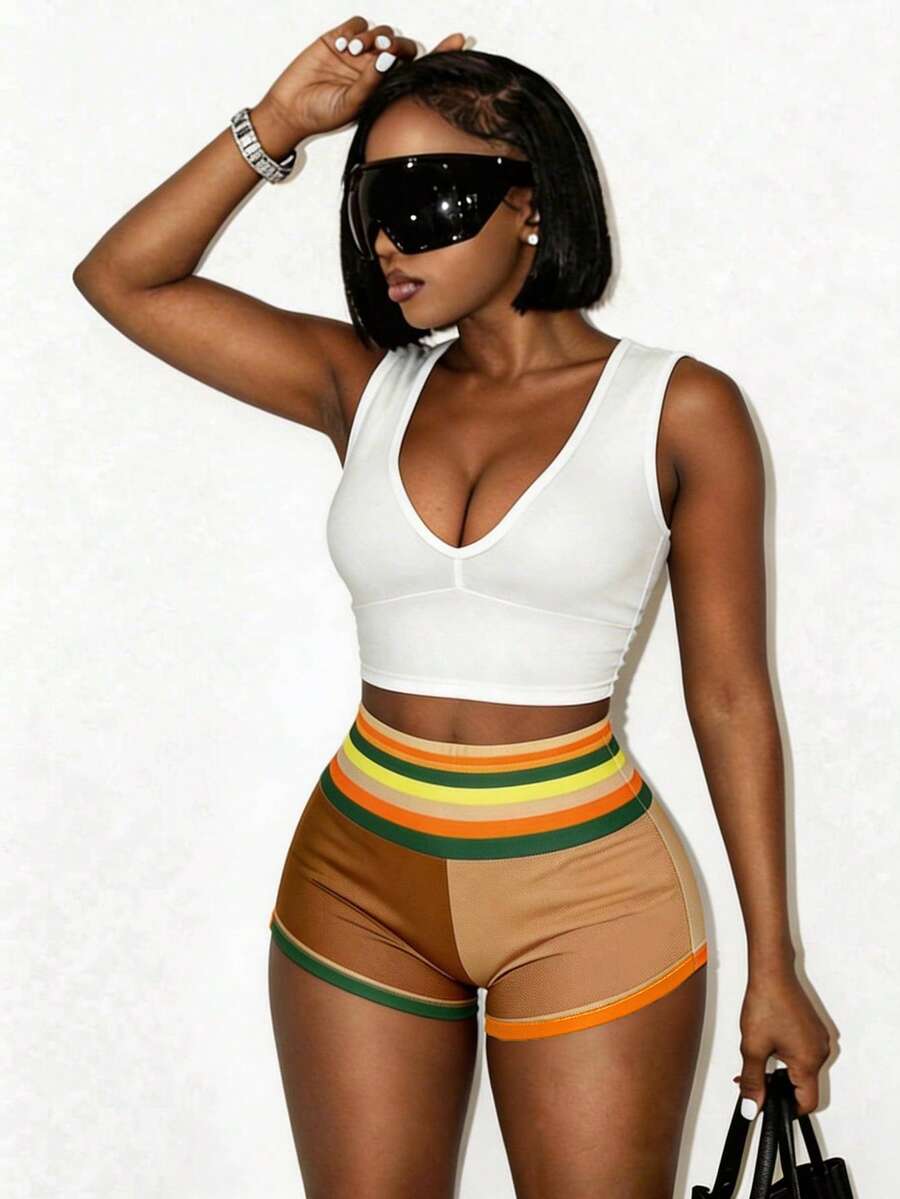 BamGleam Women's Tight Cropped Tank Top And Striped Shorts 2 Pieces Set - White - View 1