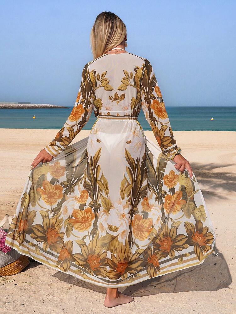 Swim Lushoire Women's White Floral Summer Boho Vacation Holiday Kimono Swimsuit Cover-Up,Long Sleeve Printed Drawstring Tie Beach Dress,High-End Luxury Resort Wear