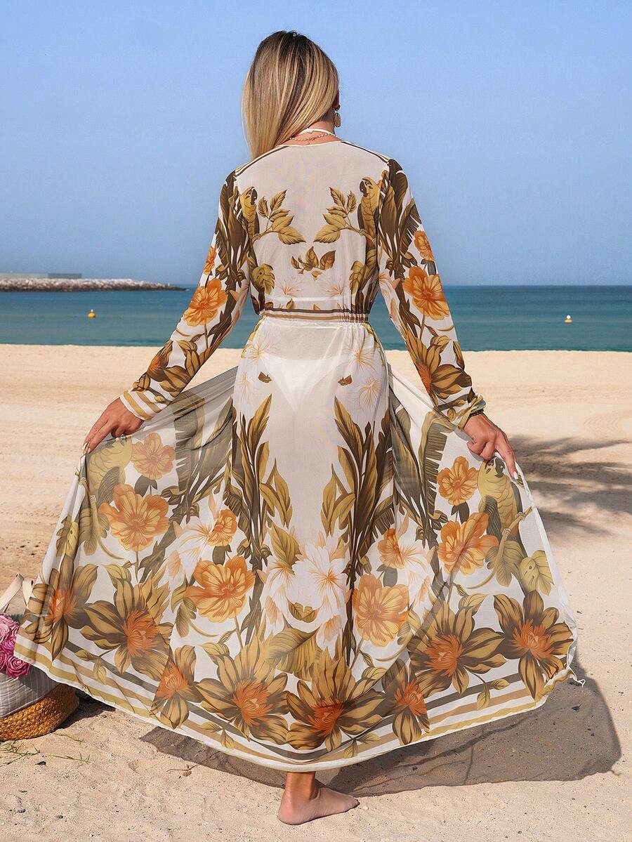 Swim Lushoire Fashionable High-End Printed Drawstring Tie Swimsuit Cover-Up Kimono For Women, Summer - Multicolor - View 1