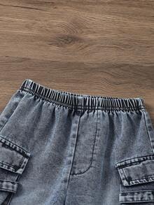 SHEIN Bộ 2 món gồm áo không tay và quần short denim cho bé trai, phong cách đường phố thường ngày, kiểu retro, thích hợp cho mùa hè. - Xám - Xem 7