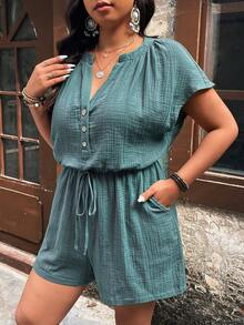 EMERY ROSE Plus Size Casual Everyday Comfortable Cotton Jumpsuit With Raglan Sleeves And Waist Cinching - Blue - View 8