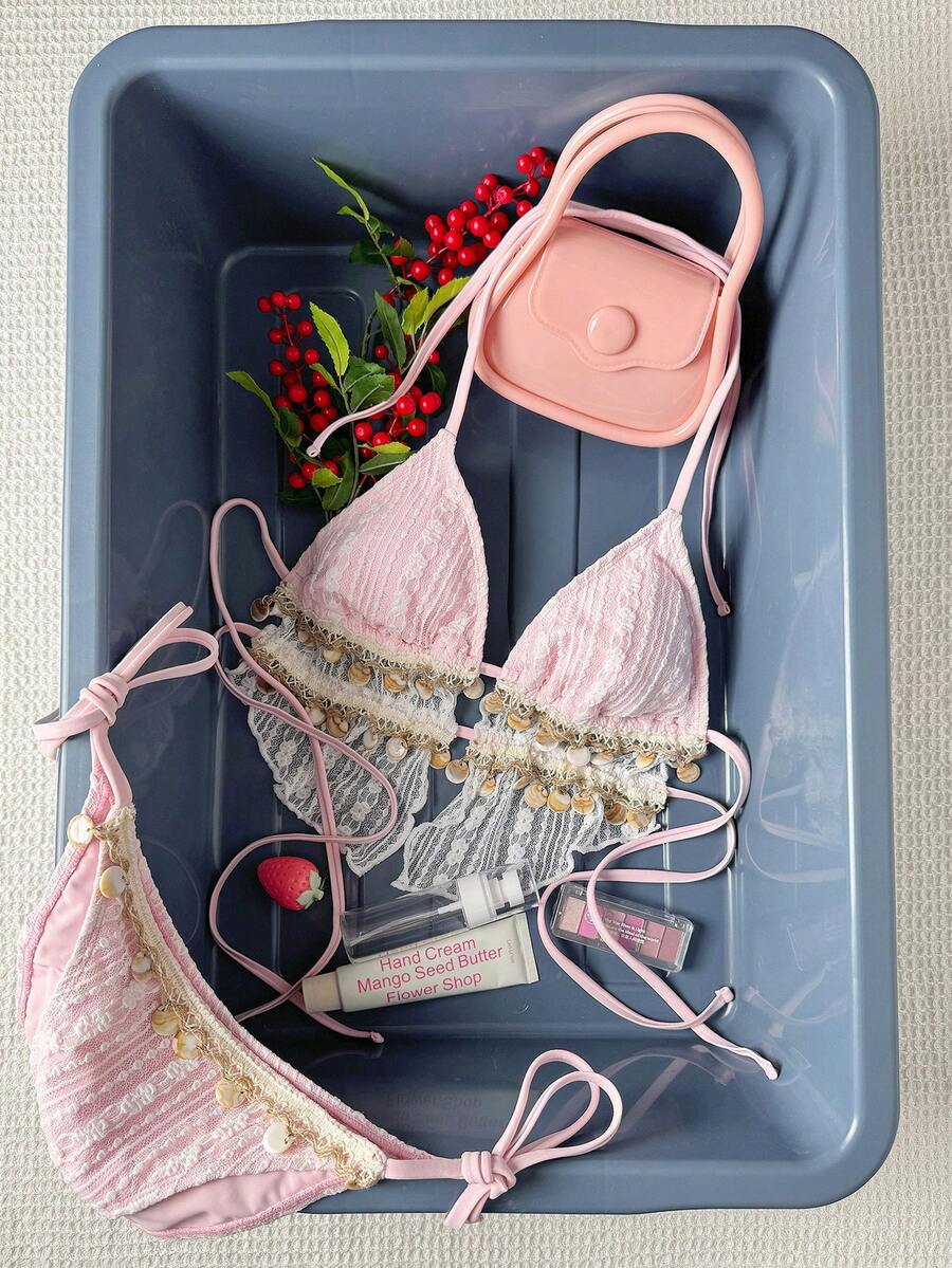 SHEIN Swim 两件套女士泳装，蕾丝面料搭配彩色大理石纹肩带，休闲沙滩泳池派对度假装，春夏款 - 粉色 - 查看 1