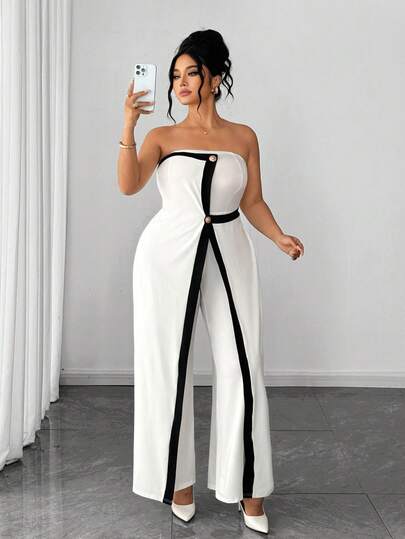 Elenzga 大码女士无肩带撞色金属扣装饰优雅连体裤