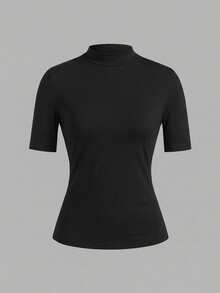 SHEIN EZwear 2件套女士高领修身长袖打底T恤套装，黑色 - 黑色 - 查看 5