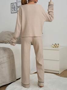 Loomlin 2pcs Cotton Contrast Piping With Eye Embroidery Detail Homwear Set - Beige - View 2