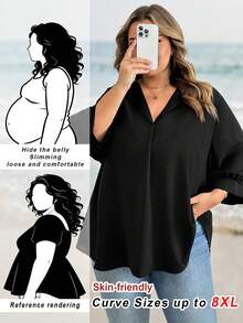 SHEIN CURVE+ Bluză neagră, casual, solidă, cu mânecă episcopală, mărime plus, ținute occidentale pentru femei, boho, hippie, cowgirl, boem, Old Money, vară, concert, festival rave, vară boho, Old Money, vară, vacanță de primăvară, festival rave, vacanță de primăvară/2026/Anul Nou - Negru - Vizualizare 1