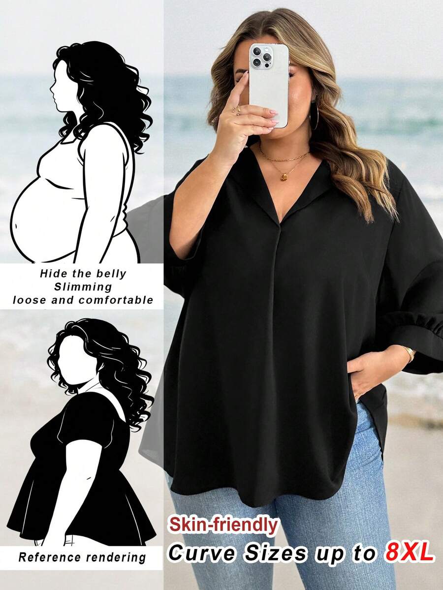 SHEIN CURVE+ Bluză neagră, casual, solidă, cu mânecă episcopală, mărime plus, ținute occidentale pentru femei, boho, hippie, cowgirl, boem, Old Money, vară, concert, festival rave, vară boho, Old Money, vară, vacanță de primăvară, festival rave, vacanță de primăvară/2026/Anul Nou - Negru - Vizualizare 1
