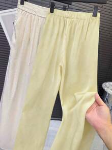 SHEIN LUNE 高腰水钻缎面弹力腰带宽松直筒裤 女式夏季阔腿裤 女式高腰宽松裤 女式休闲裤 韩版女式休闲裤 - 黃色 - 查看 3