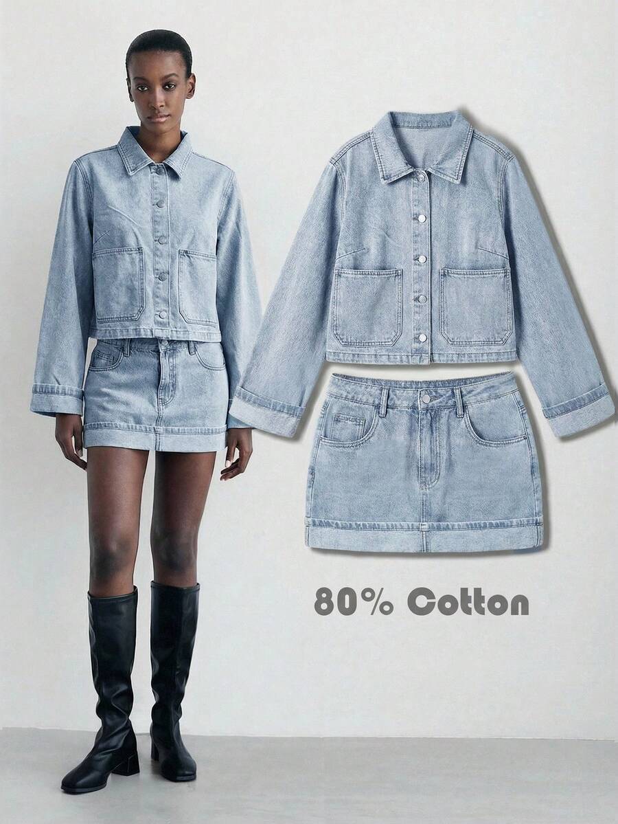 Maija Conjunto de chaqueta vaquera de manga larga con un solo botón y bolsillo y falda vaquera midi holgada para mujer - Lavado ligero - Ver 1