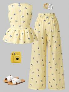 Sparklyn 2pcs/Set Tween Girls Sleeveless Shirt With Bow Buttons And Elongated Pants - Yellow - View 2