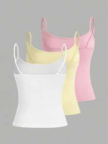 SHEIN EZwear 3pcs/Set Women's Spaghetti Strap Cropped Tight Camisole, Suitable For Summer, Pink, Yellow, White Undershirts For Women Camisole Tops For Women 3 Pack Tops Pastel Tops Cami Tops,Summer Top - Multicolor - View 2